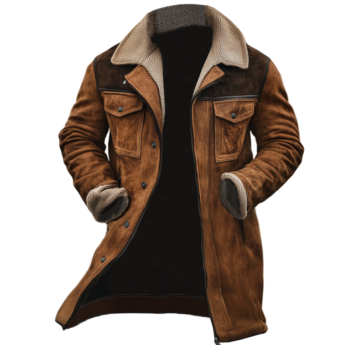 Nicolas - Jachetă vintage din suede cu patch-uri, buzunare multiple și guler ridicat