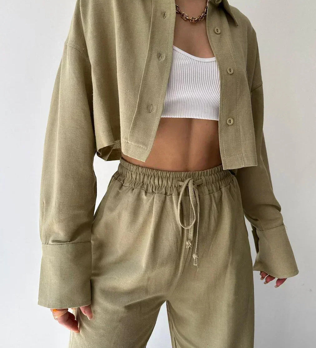 Set de pantaloni din două piese cu guler și șnur, casual