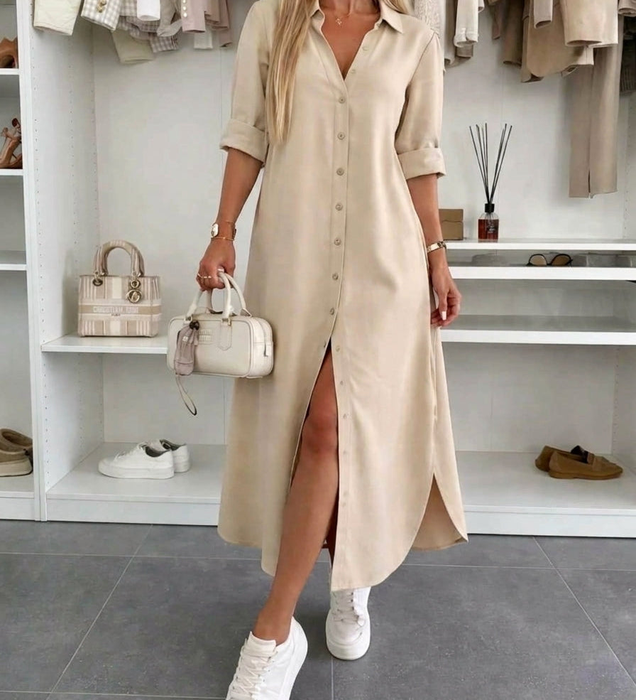 Clara – Rochie cămașă maxi fluidă