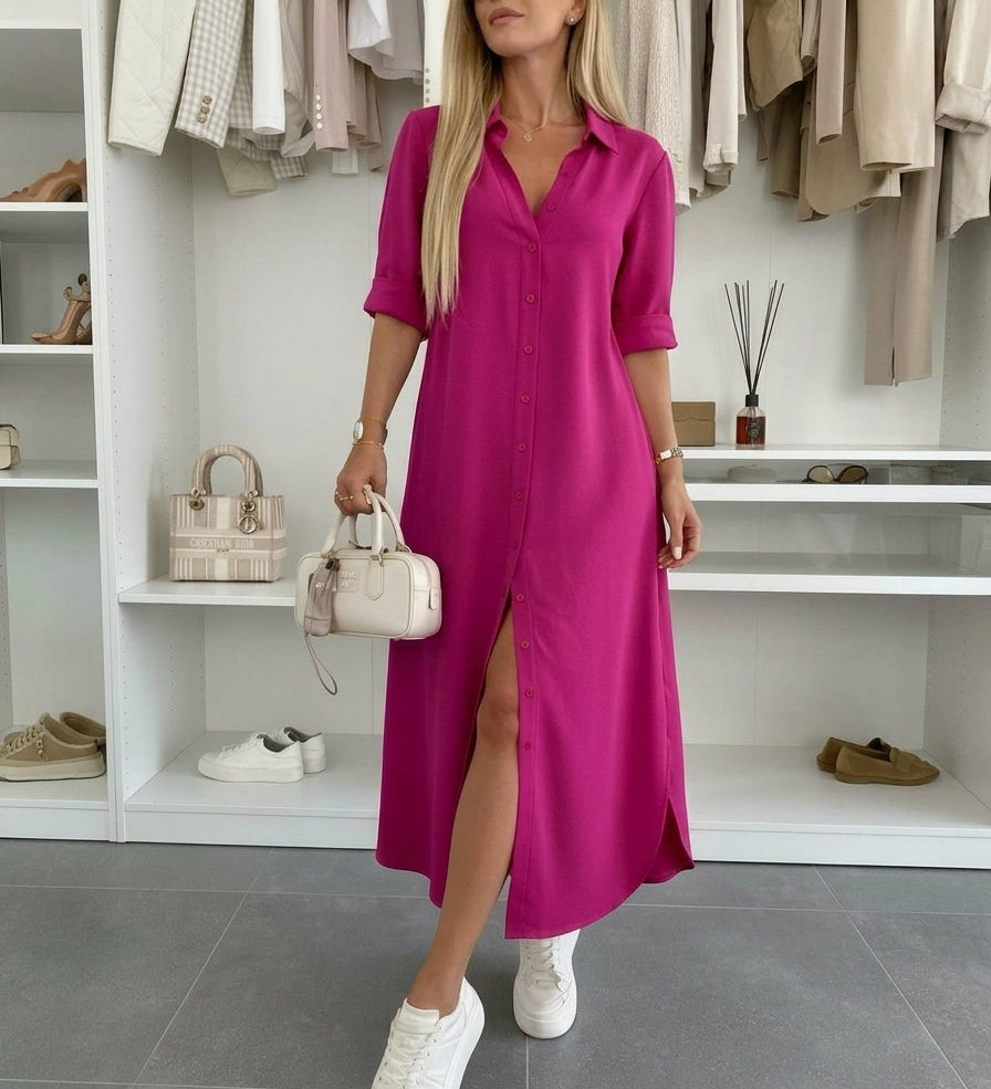 Clara – Rochie cămașă maxi fluidă