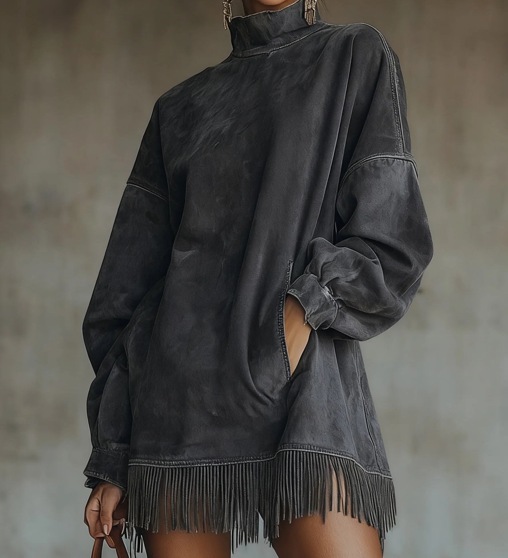 Rochie din Suede Sintetic cu Guler înalt și Dantelă