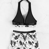Emilia – Set Bikini cu Top Halter și Șorturi cu Talie Înaltă