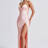 Loredana – Rochie maxi din satin cu decolteu înalt
