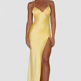 Loredana – Rochie maxi din satin cu decolteu înalt